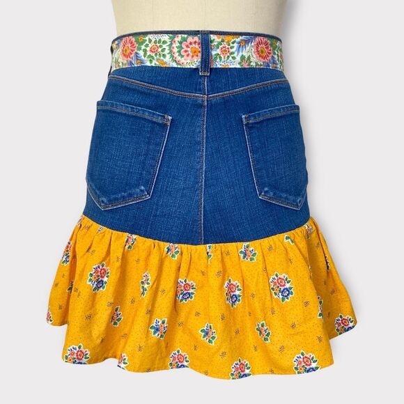 Upcycled Apron‎ Denim with Floral Print Ruffle and Tie Farmhouse Cottage Cabin - Picture 1 of 5